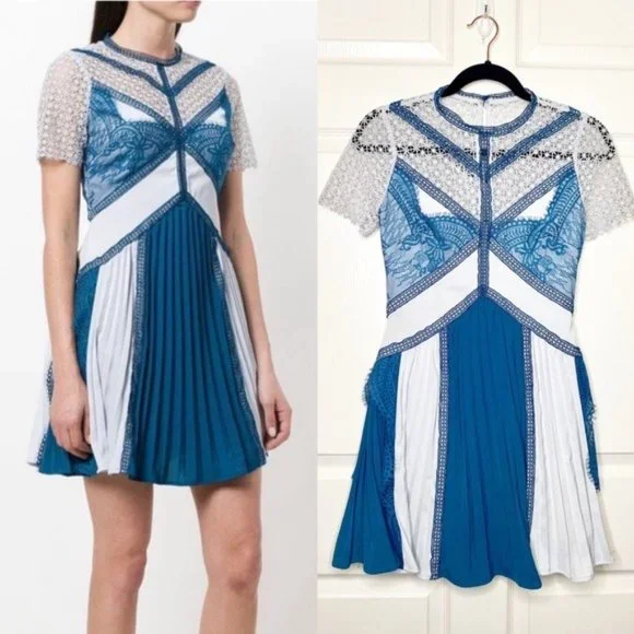 Self-Portrait | Dresses | Selfportrait Lace Panel Pleated Blue Mini Dress |  Poshmark